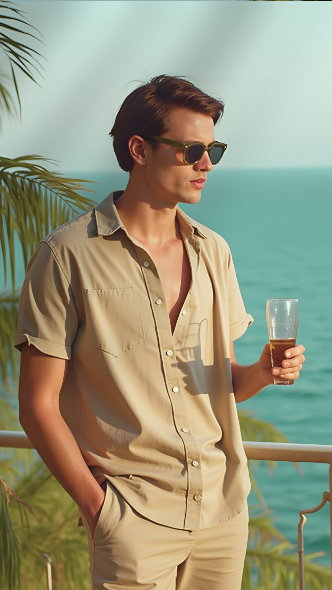 Man in beige shirt and sunglasses holding drinks by a tropical beach