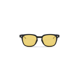 Sunglasses with yellow lenses and black frame on a white background