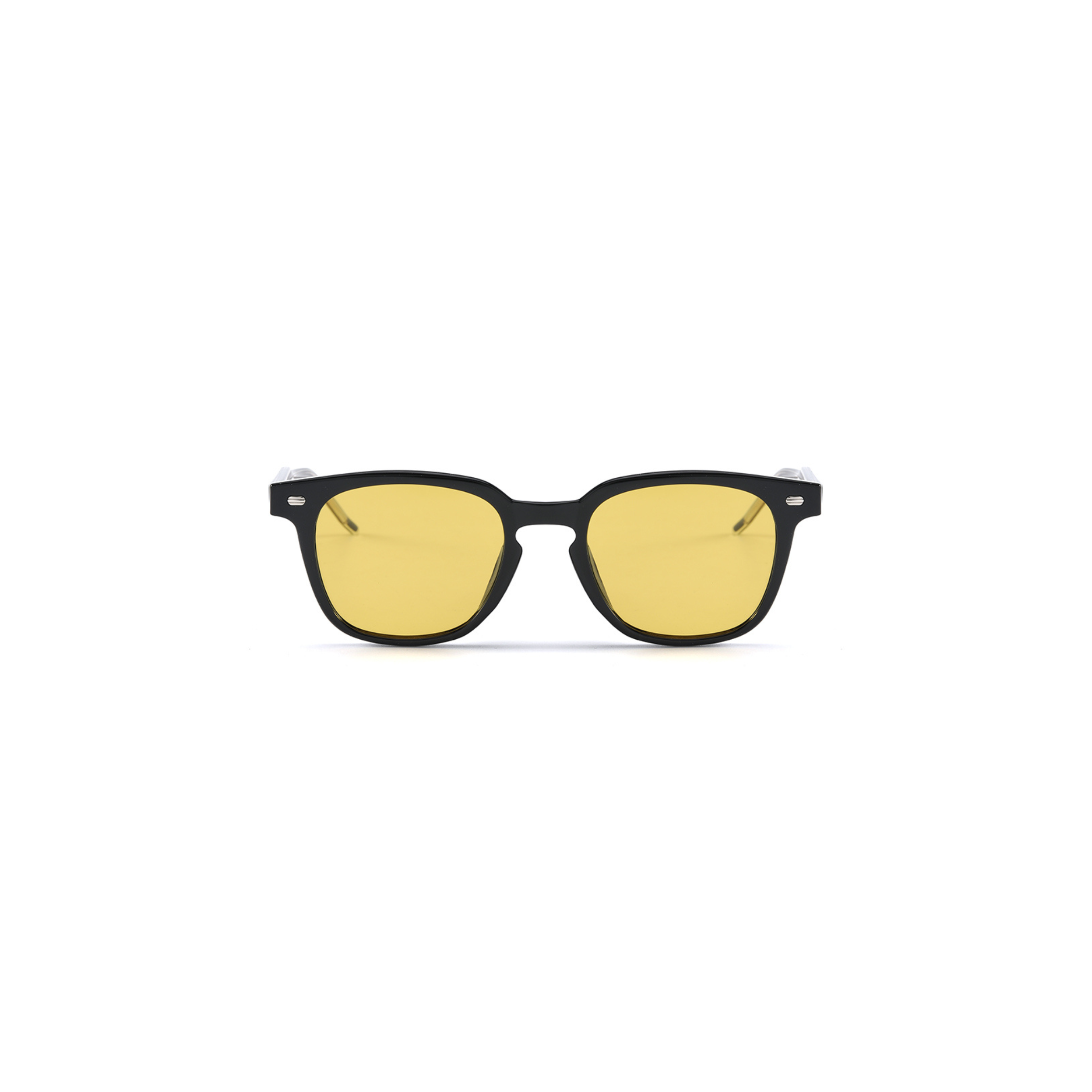 Sunglasses with yellow lenses and black frame on a white background